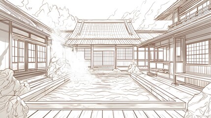 Tranquil Japanese Garden with Open-Air Hot Spring and Traditional Architecture