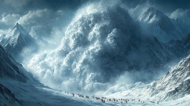 Climbers flee massive avalanche in snowy mountain valley