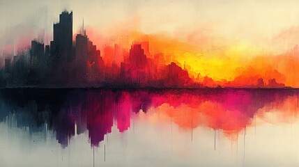 City skyline at sunset reflecting on water, vibrant watercolor effect