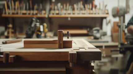 Fototapeta premium Craftsman working in a woodshop with tools nearby
