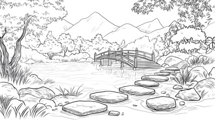 Fototapeta premium Tranquil River Scene with Bridge and Stones in Nature Setting