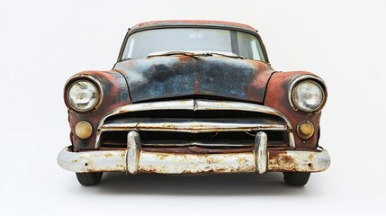 Rusty vintage car with white background.