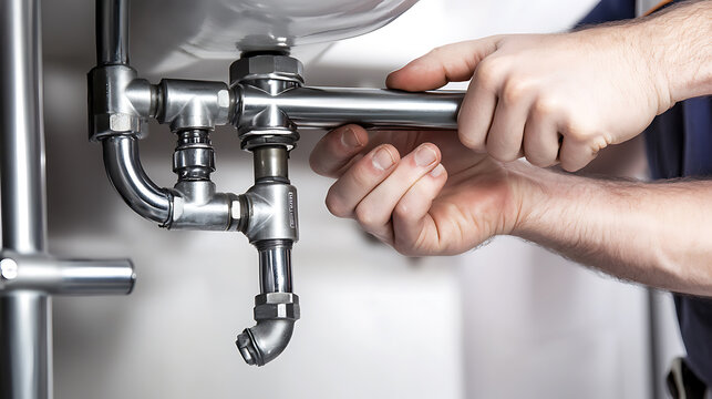 Plumber sealing a pipe joint under a sink. Featuring skill and focus
