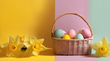 Easter eggs in a basket with daffodil flowers on a colorful background, with space for text