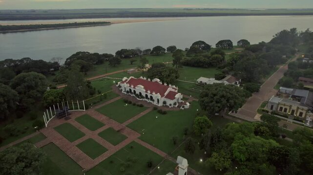 Aerial view of the coastal Yapeyu Town with Templete Birthplace General San Martin