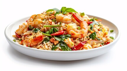 Savory Thai fried rice with succulent shrimp, fragrant basil, and fiery red chilies.