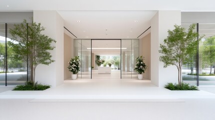 Modern minimalist lobby entrance with greenery