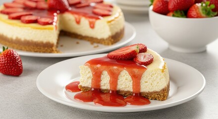 A slice of strawberry cheesecake with sauce on a white plate next to a whole cheesecake