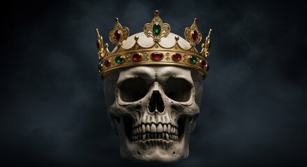 A skull wearing a golden crown adorned with red and green jewels on a dark and smoky background