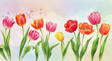 Watercolor painting of assorted color tulips with green stems on a light pastel background