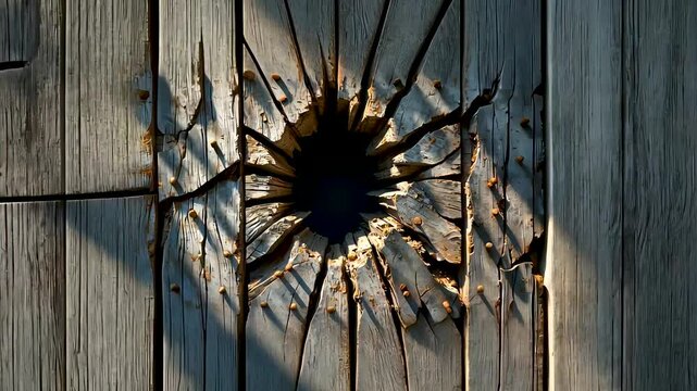 Bullet impact hole cracks wood wall with splinters and shattered surface pattern