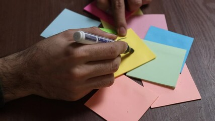 A person writing "Love?" on a yellow sticky note using a black marker, surrounded by multiple other colorful notes on a wooden desk. The phrase encourages authenticity and confidence