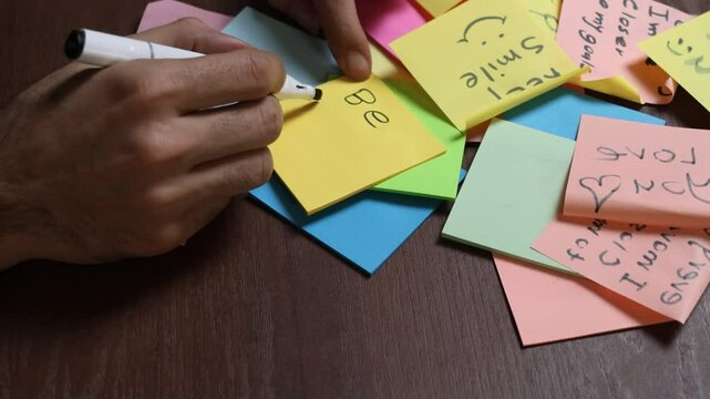 Close-up of a person writing the empowering affirmation Be yourself on a single yellow sticky note surrounded by scattered pastel-colored memo pads on a dark wooden desktop. The image captures 