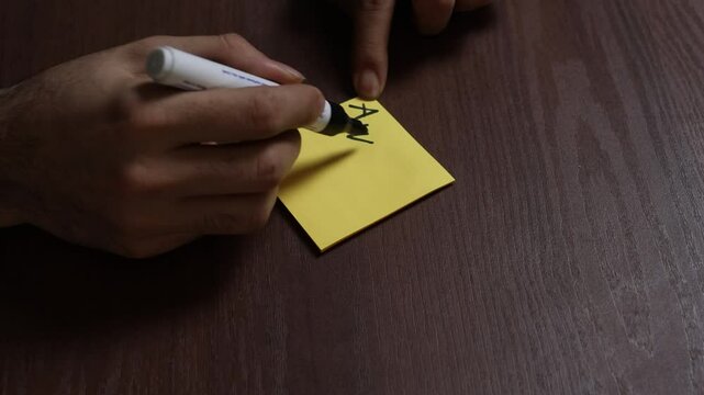 Amsterdam, Netherlands &ndash; 10april , 2025, Picasso, A hand writes the word AWESOME in bold capital letters on a yellow sticky note using a black marker