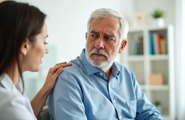 Obraz premium Young female psychologist consults senior man in therapy session. Doctor supports old patient, hand on shoulder. Healthcare, mental health concept. Elderly man experience stress, depression.