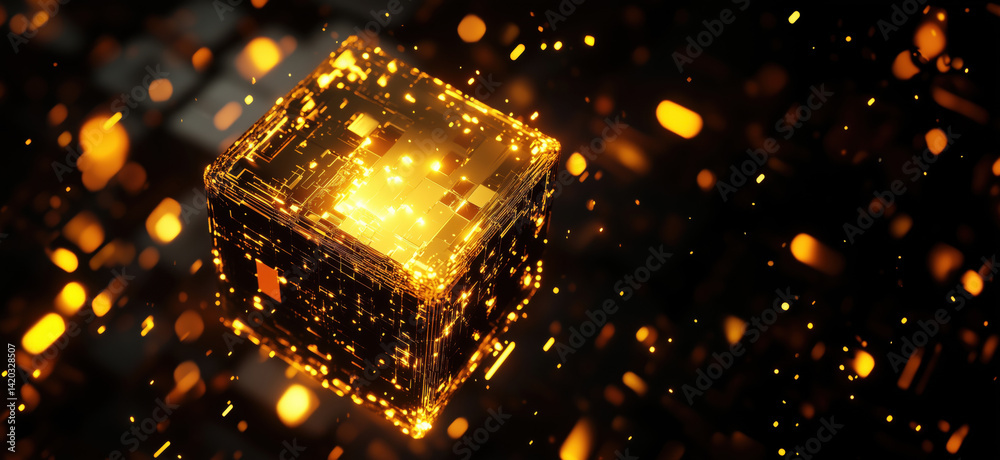 Poster Glowing digital cube with intricate patterns and floating particles in dark background, copy space for text.
