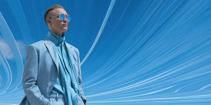 A man in a blue suit and sunglasses stands in front of a blue background. Concept of sophistication and confidence, as the man is dressed in a stylish outfit and he is posing for the camera