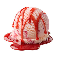 Melting strawberry ice cream scoop topped with glossy red syrup, soft texture and vibrant color, isolated on a transparent background.