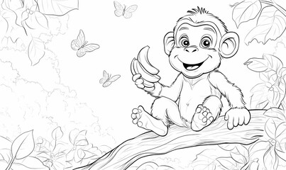 Happy monkey eating banana, jungle background, coloring page