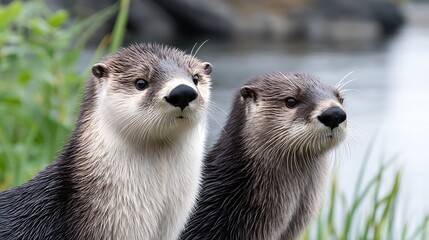 Twin Otter Portraits Captivating Wildlife Close Up Encounter in Natural Habitat Aquatic Environment.