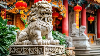 Ancient stone lion guardian statue in Chinese temple