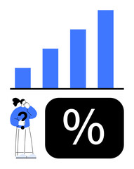 Blue bar graph showing growth, a percentage sign in a black rectangle, and a person with a question mark, symbolizing analysis, statistics, decision-making, and financial planning. Ideal for data