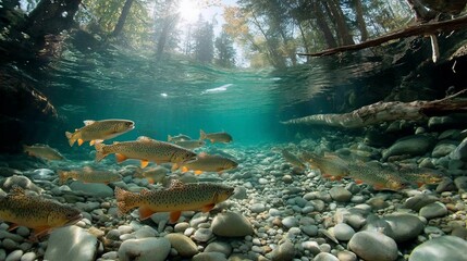 Clear riverbed with fish. Sunlight through water