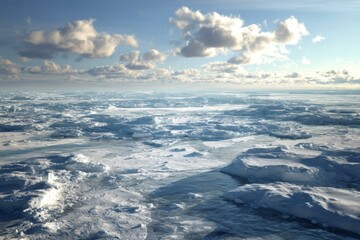 Fototapeta premium Arctic expanse: Frozen sea under a cloudy blue sky, with ice floes and glacial formations