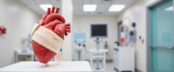 Anatomical heart model wrapped in bandage in a medical setting  
