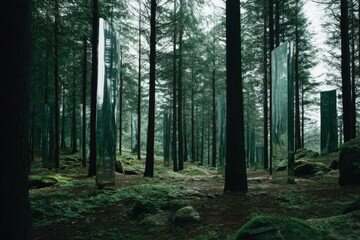 Fototapeta premium Forest landscape with reflective monoliths, surreal scene of nature and technology