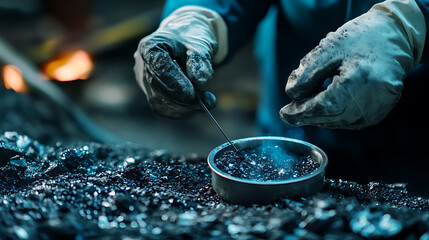 Worker assessing ore purity in a lab with advanced mineral testing equipment. Featuring laboratory analysis and quality control