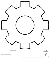 Large gear shape symbolizes settings, operations, with lock icon for security and privacy. Ideal for technology, cybersecurity, systems, processes, privacy policies, configurations flat simple