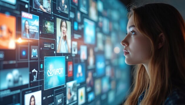 Woman watches screen social media, online shopping, banking apps, video games. Connected web, digital world, ai, telecom. Information stream, global network access. Modern tech, entertainment concept.