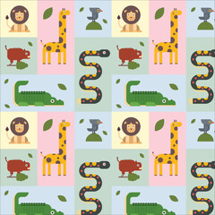 Naklejka premium Vector seamless pattern with cartoon safari jungle animals zebra, lion, elephant, crocodile, giraffe, leopard, rhinoceros, hippopotamus. Outline hand drawn print. Safari animals in doodle style 