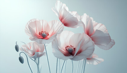 Obraz premium Vibrant pink poppies were densely packed against a soft grey setting