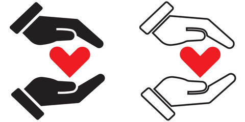 Heart in hand icons set. Hands holding heart icon. Love icon. Health, medicine symbol. Healthcare hands holding heart flat and line style - stock vector. 