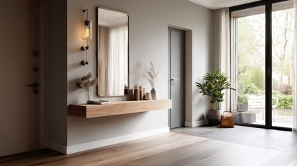 Minimalist entryway with floating console and wall mirror  