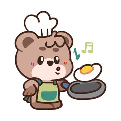 Cute Bear in Chef Hat Enjoying Cooking a Sunny-Side Up