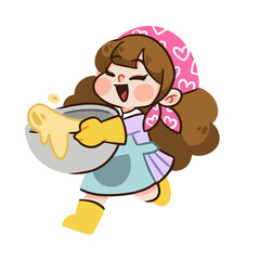 Cheerful Young Baker Mixing Ingredients with Love and Hearts