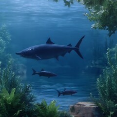 Fototapeta premium Underwater World Sharks Swimming in Clear Blue Water with Ferns and Aquatic Vegetation.