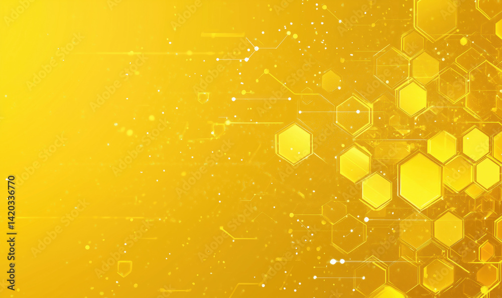 Poster abstract yellow hexagonal background with glowing lines and particles for technology design.