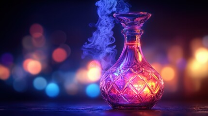 Mystical glass bottle with vibrant colors and smoke