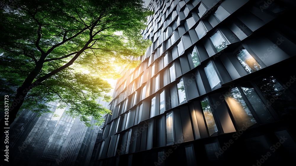 Poster unique architecture contrasted with greenery in urban setting creating natural juxtaposition.