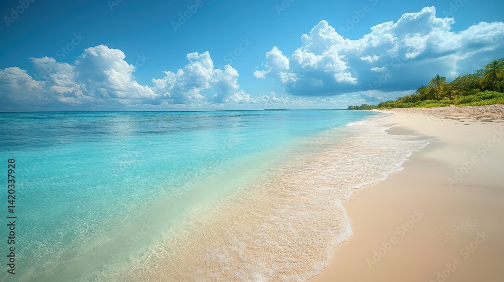 Aufkleber tropical beach with palm trees and calm turquoise waters on a sunny day in the caribbean