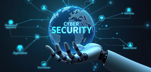 Robotic hand holding glowing globe with cyber security text. Digital world network. Data protection concept. Futuristic information technology, internet connection. Online safety, secure access,