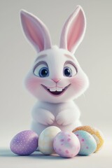 Fototapeta premium Minimal White Rabbit with Vibrant Easter Eggs on Clean Background – A Peaceful and Joyful Symbol of Springtime, Renewal and Positive Energy