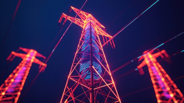 A vibrant, nighttime image of electric towers illuminated with neon colors, showcasing modern energy infrastructure against a dark sky.