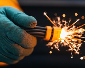 A gloved hand holds a black electrical cable, emitting sparks, showcasing a moment of energy release and potential danger.