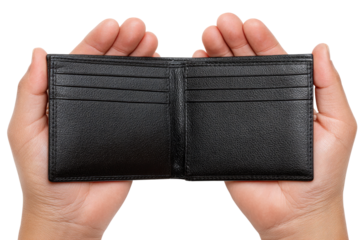 Two hands gently cradle an empty black leather wallet, a poignant symbol of financial vulnerability or the anticipation of new beginnings against a stark white backdrop.