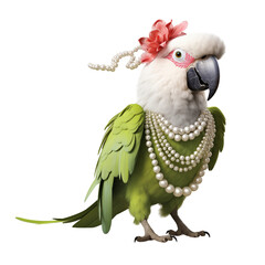 animals  - 7Elegant Parrot in Pearls and Flower Headpiece &ndash; Anthropomorphic Glamour Bird Illustration

